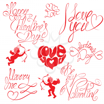 Set of hand written text: Happy Valentine`s Day, I love you, Marry me, etc. Calligraphy elements for holidays or wedding design  in vintage style. 