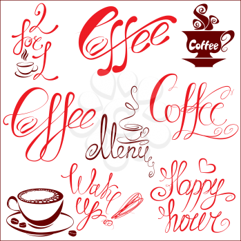 Set of coffee cups icons, stylized sketch symbols and hand drawn calligraphic text: coffee, menu, wake up, happy hour.Elements for cafe or restaurant design. 