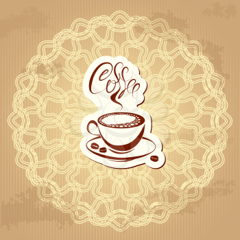 coffee label over circle ornamental vintage background - hand drawn icon of cup and hand written text