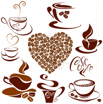 Set of coffee cups icons, Heart shape is made of coffee beans stylized sketch symbols for restaurant or cafe menu. 