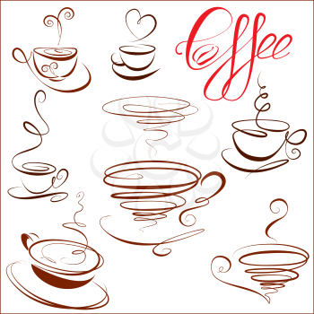 Set of coffee cups icons, stylized sketch symbols for restaurant or cafe menu. 