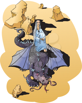Fantasy fairy tail illustration: beautiful girl and dragon in desert.