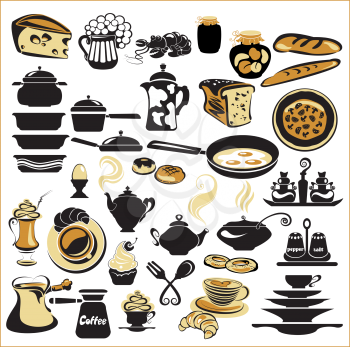 Set of different food - bread, pie, biscuit, cakes, eaggs, omelette, cheese, milk, pizza, coffee, tea, beer. Set of tableware - dish, plate, cup, pan, kettle, tureen, mug