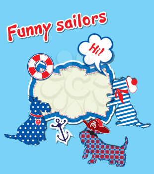 Card with funny scottish terrier dogs  - sailors, anchor, lifebuoy and empty frame for text