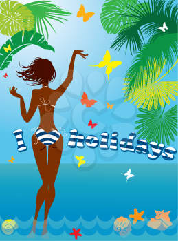 Woman silhouette in bikini swimwear at tropical beach with palm tree leaves and butterflies on background. I LOVE HOLIDAYS illustration for summer or travel design