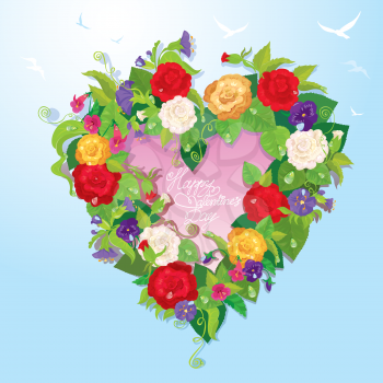 Heart shape is made of beautiful flowers - roses, pansies, bellflowers on blue sky background. Valentines Day card.