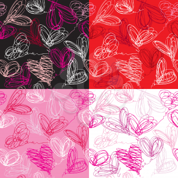 Seamless pattern with hand drawn scribble hearts on red background. Valentines Day Background Design