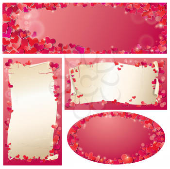 Set of Valentine`s Day horizontal, vertical, oval banners with Red hearts confetti and old paper scrolls.