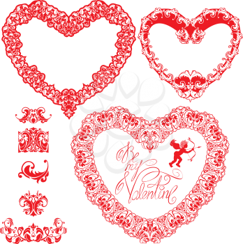 Set of vintage ornamental hearts shapes with calligraphic text BE MY VALENTINE and ornament elements. Valentines Day card design
