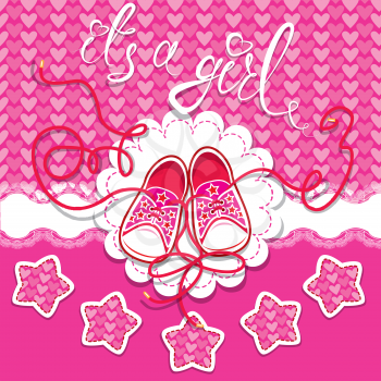 Holiday Dard children gumshoes on pink background - design for girls. Invitation with handwritten text It`s a girl.