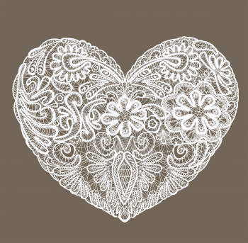 Heart shape is made of lace doily, element for Valentines Day or Wedding design.