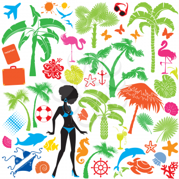 Set of summer, travel and vacations symbols - silhouettes of woman in bikini, tropical palms trees, butterflies, marine life, etc.