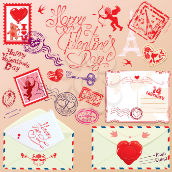 Collection of love mail design elements - stamps, envelops, postcard - Valentine`s Day or Wedding postage set.