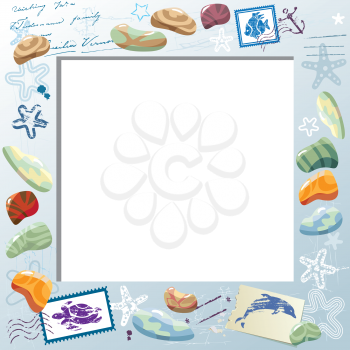 Blank Photo Frame with Colorful Sea Stones, Starfishes, Mail Stamps. Vacations Card Background