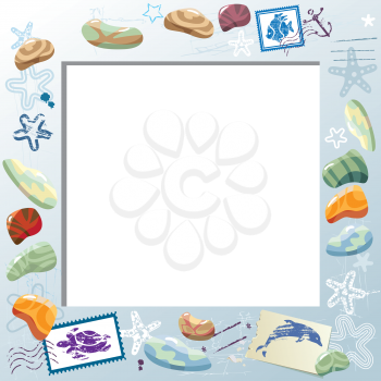 Blank Photo Frame with Colorful Sea Stones, Starfishes, Mail Stamps. Vacations Card Background