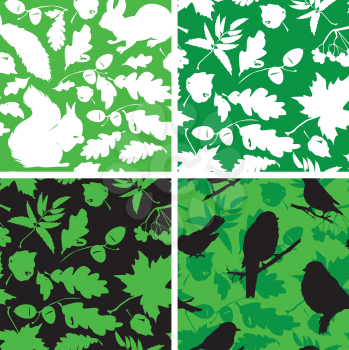 Set of Seamless patterns with birds, leaves and squirrel silhouettes. Ready to use as swatch.