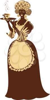 Beautiful mulatto girl with coffee cup and pot dressing vintage clothes. Illustration in brown and beige colors