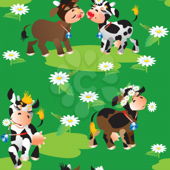 Seamless pattern with cute cartoon cows on green background. Ready to use as swatch.