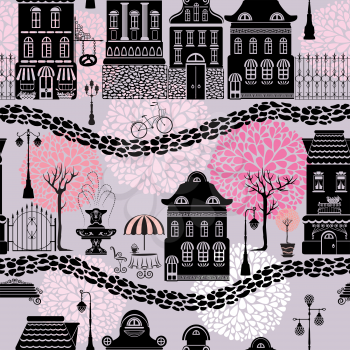 Seamless pattern with fairy tale houses, lanterns silhouettes, trees. City endless background. Ready to use as swatch.