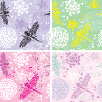 Set of four floral seamless patterns with flowers and dragonfly