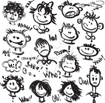 Set of Cartoon faces with different emotions. Handdrawn images and handwritten text 