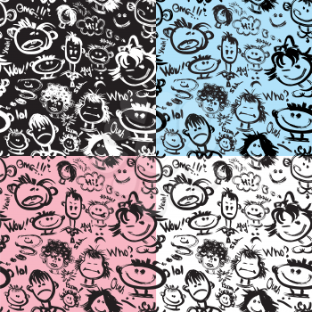 Set of seamless patterns. Cartoon faces with different emotions. Handdrawn images and handwritten text. Ready to use as swatch.