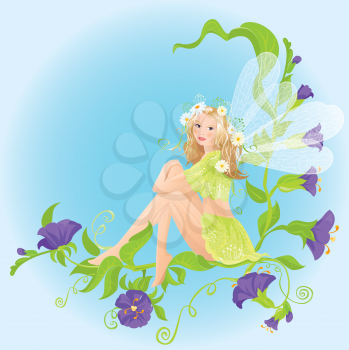 Little cute forest fairy sitting on beautiful wild flowers