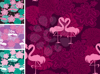 Set of seamless patterns with palm trees leaves and flamingos. Ready to use as swatch.