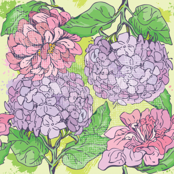 Floral Seamless Pattern with hand drawn flowers - gardenia and peony. 