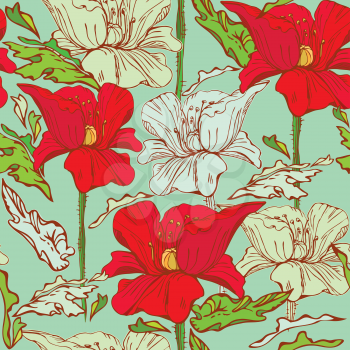 Floral Seamless Pattern with hand drawn flowers - poppy flowers on blue background. 