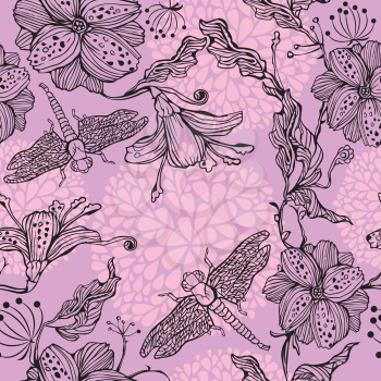 Seamless Floral Pattern With hand-drawn flowers and dragonflies