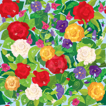 Seamless background with beautiful flowers - rose, pansy, bellflower