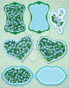 Set of labels and cards with pattern of beautiful flowers - forget me not - floral nature background. 