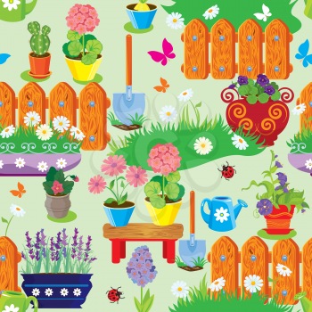 Seamless pattern with spring and summer flowers, agriculture tools and equipment. Village and garden background. Ready to use as swatch