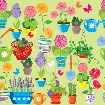 Seamless pattern with spring and summer flowers in pots. Ready to use as swatch