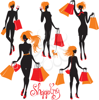 Set of Shopping woman silhouettes  isolated on white background