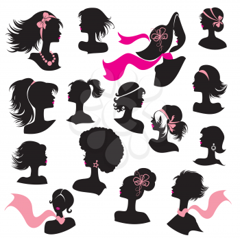 Set of woman and girl silhouettes with hair styling and accessories