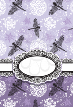 Vertical Card with flowers and dragonfly. Oval lace frame.