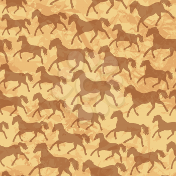 seamless pattern with wild horses Silhouettes on old paper texture background.  Ready to use as swatch.