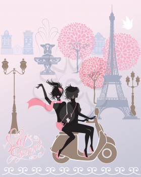  silhouettes of Effel Tower, houses, street lights, girls riding on scooter - Paris fashion image.