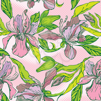 Floral Seamless Pattern with hand drawn flowers - orchids on pink background. 