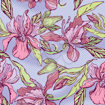 Floral Seamless Pattern with hand drawn flowers - orchids on violet background. 