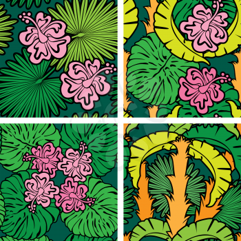 Set of seamless patterns with palm trees leaves and Frangipani flowers. Color version. Ready to use as swatch.