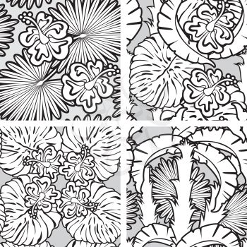 Set of seamless patterns with palm trees leaves and Frangipani flowers. Black and white version. Ready to use as swatch.