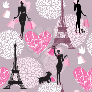 Seamless pattern - Effel Tower, hearts with calligraphic text I Love Shopping, girls silhouettes with shopping bags - Background for fashion or retail design
