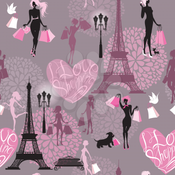 Seamless pattern - Effel Tower, hearts with calligraphic text I Love Shopping, girls silhouettes with shopping bags - Background for fashion or retail design