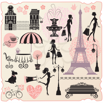 Set for fashion or retail design - Effel Tower, houses, heart with calligraphic text I Love Shopping, girls silhouettes with shopping bags