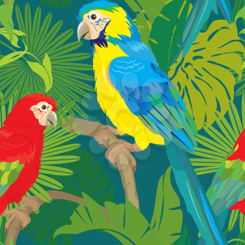 Seamless pattern with palm trees leaves and Blue Yellow and Red Blue Macaw parrots. Ready to use as swatch.