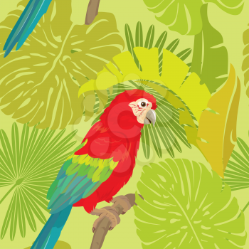 Seamless pattern with palm trees leaves and Red Blue Macaw parrot. Ready to use as swatch.
