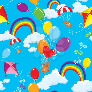 Seamless pattern with rainbows, clouds, colorful balloons, kite, parachute and teddy bears on sky blue background.